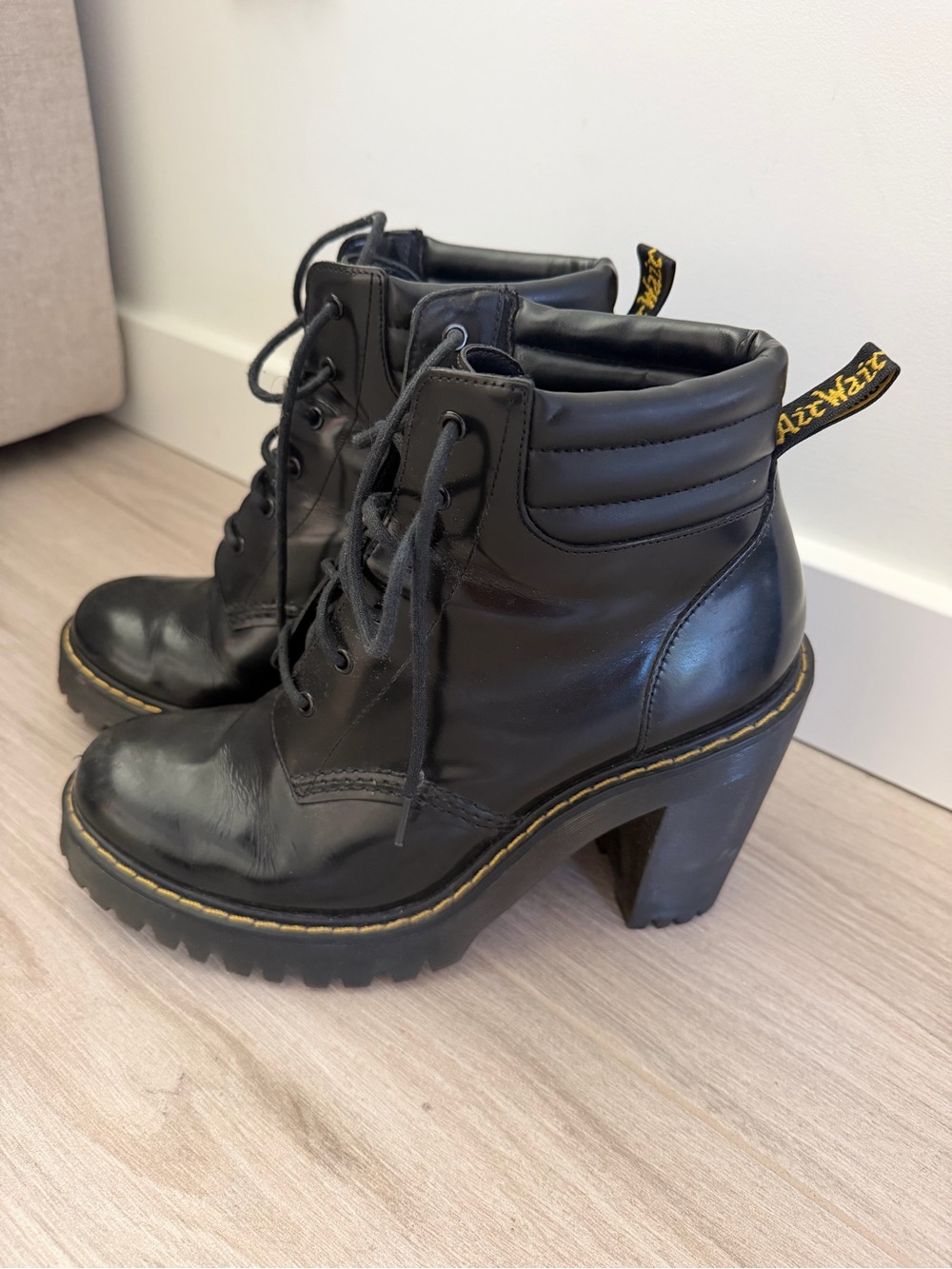 Dr. Martens Black Lace-Up Heeled Ankle Boots with Yellow Stitching